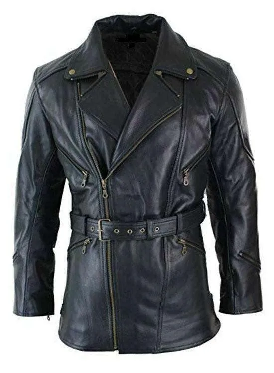 Men's Leather Coat with adjustable belt and cross zip. Short leather jackets for mens