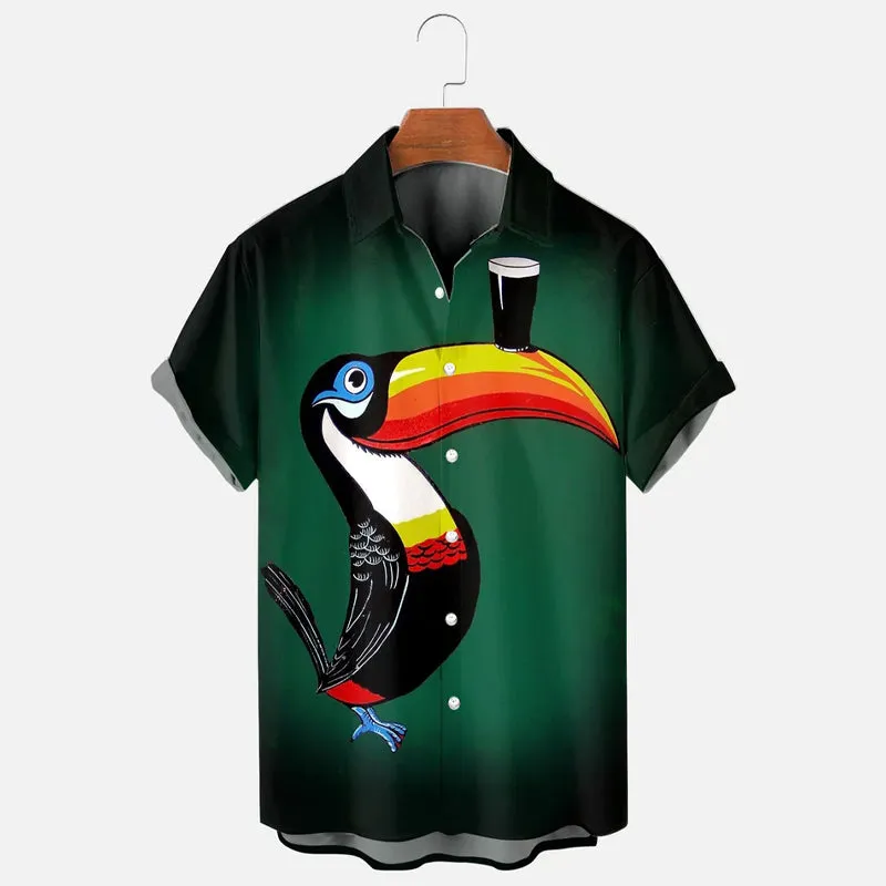 Men's Retro Cartoon Toucan Beer Print Short Sleeve Shirt