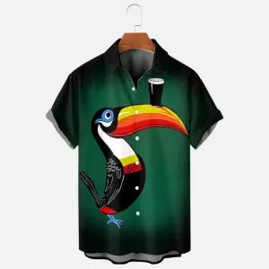 Men's Retro Cartoon Toucan Beer Print Short Sleeve Shirt