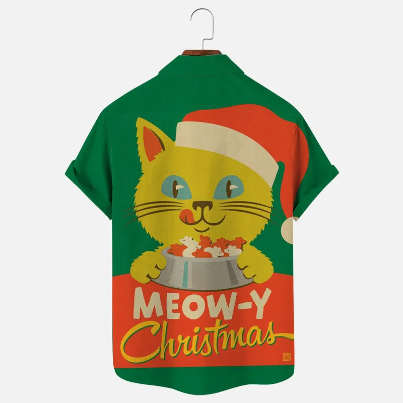 Men's Vintage Christmas Cat Poster Print Short Sleeve Shirt