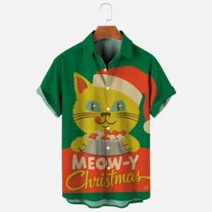 Men's Vintage Christmas Cat Poster Print Short Sleeve Shirt