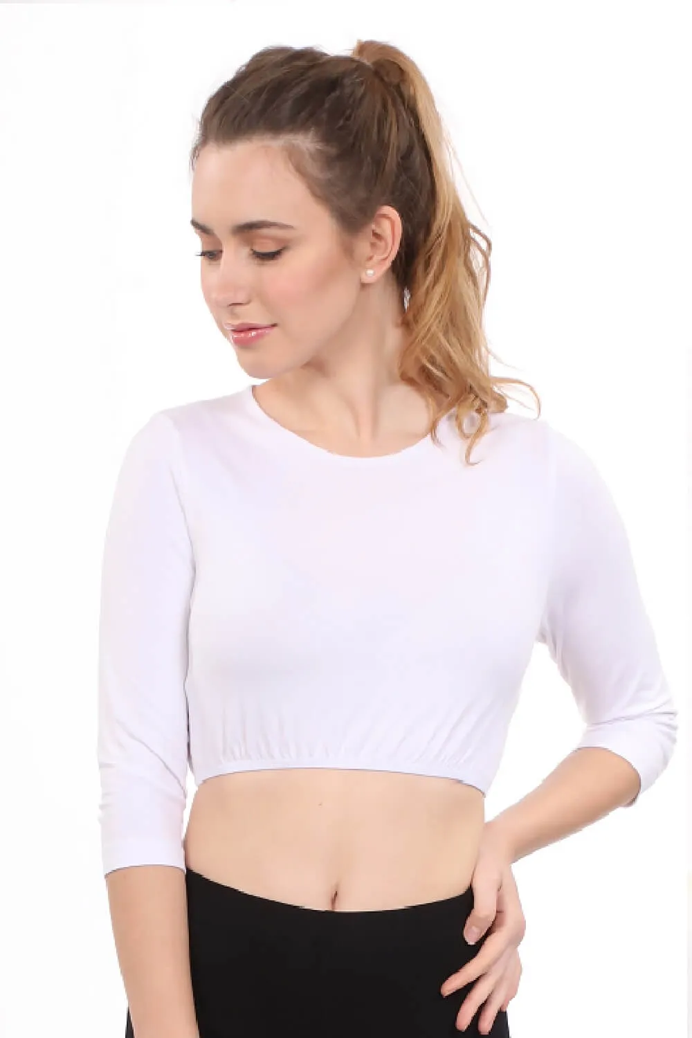 Modest Neck Cropped Layering Tank - Cotton Spandex 3/4 Sleeve Shell Top