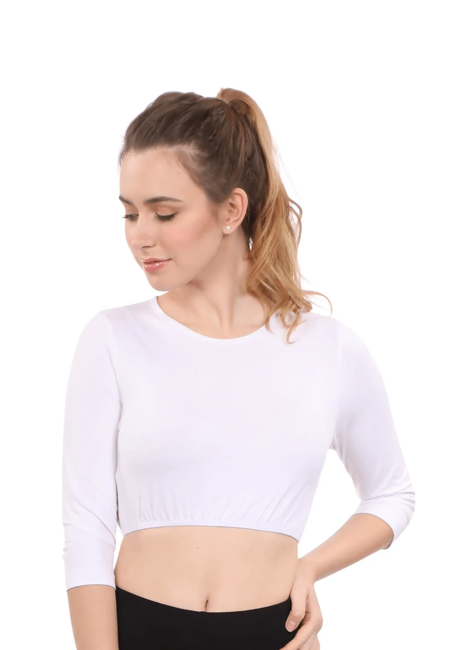 Modest Neck Cropped Layering Tank - Cotton Spandex 3/4 Sleeve Shell Top