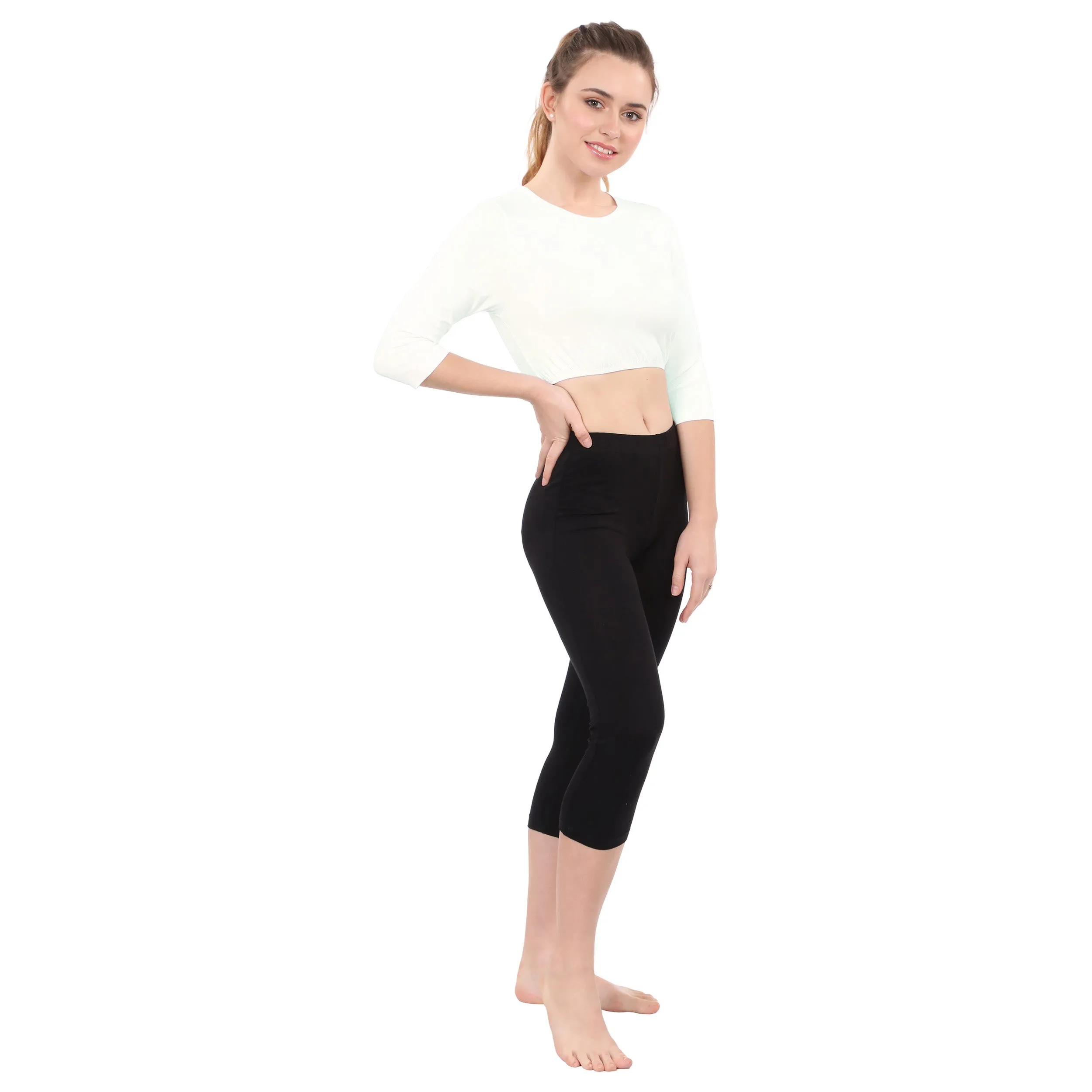 Modest Neck Cropped Layering Tank - Cotton Spandex 3/4 Sleeve Shell Top