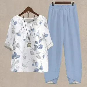 NEW Fresh Plant Print Blue Round Neck Two Piece Set, Sz L, Retails $97