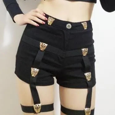 {Normal Version}Punk Tiger Garter Black High Waist Shorts  KF2044