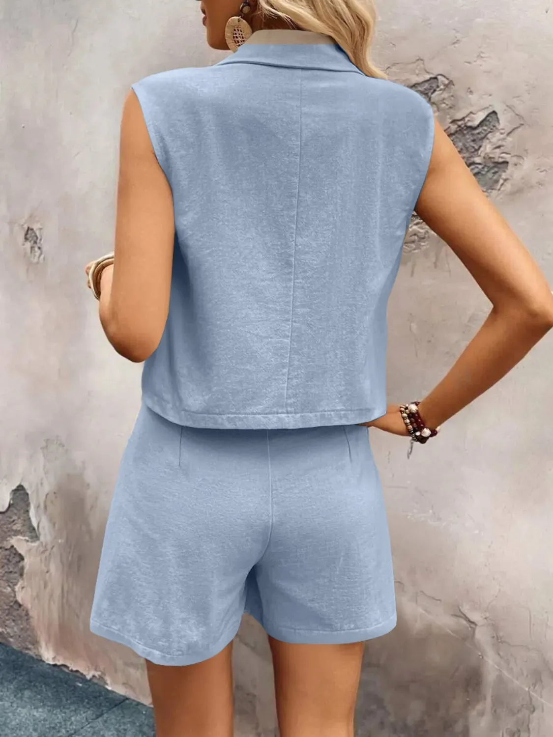 One Button Sleeveless Top and Shorts Set