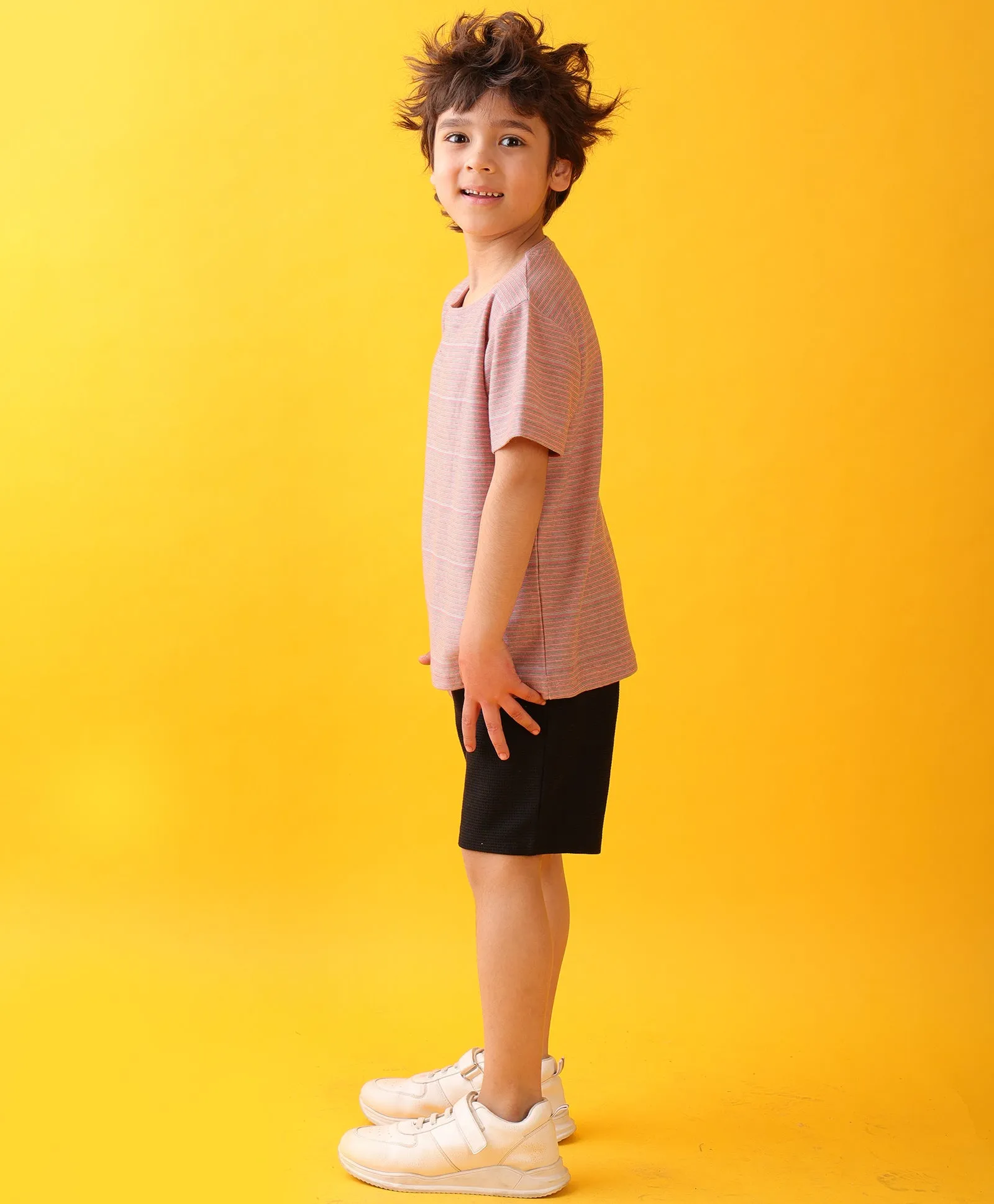 ORANGE STRIPES BLACK BOYS SHORTS SET - ORANGE/BLACK