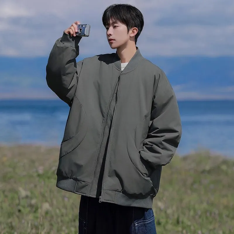Padded and Thickened Solid Color Varsity Jacket for Men