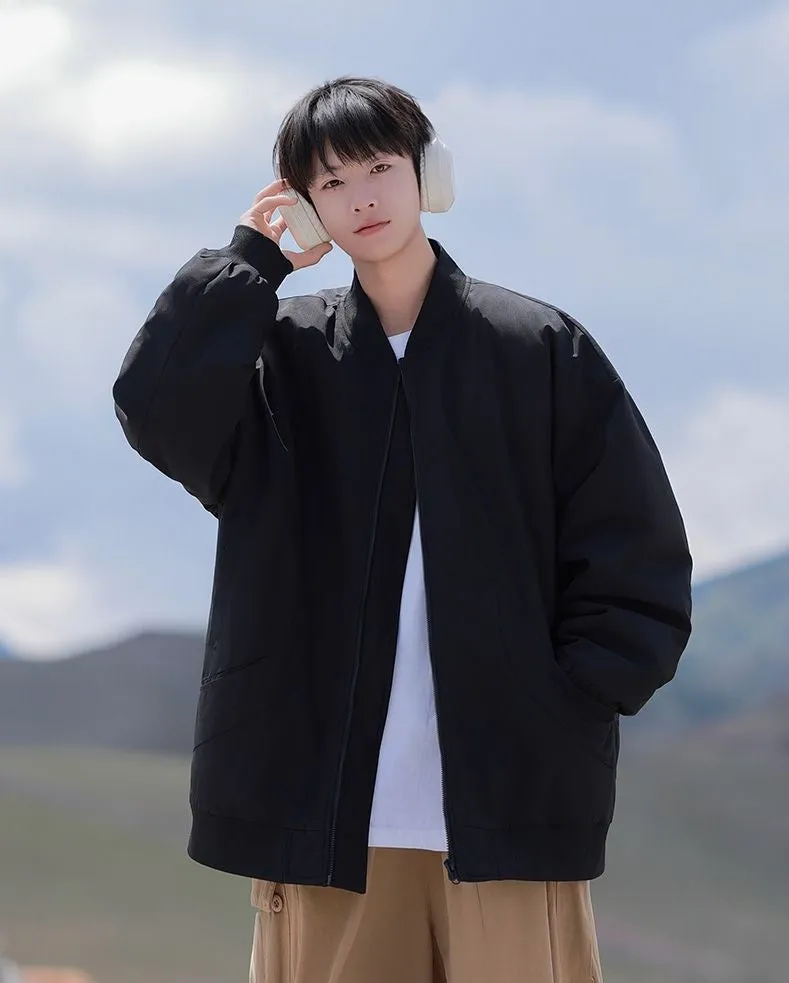 Padded and Thickened Solid Color Varsity Jacket for Men