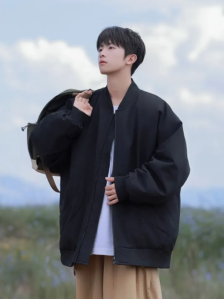 Padded and Thickened Solid Color Varsity Jacket for Men