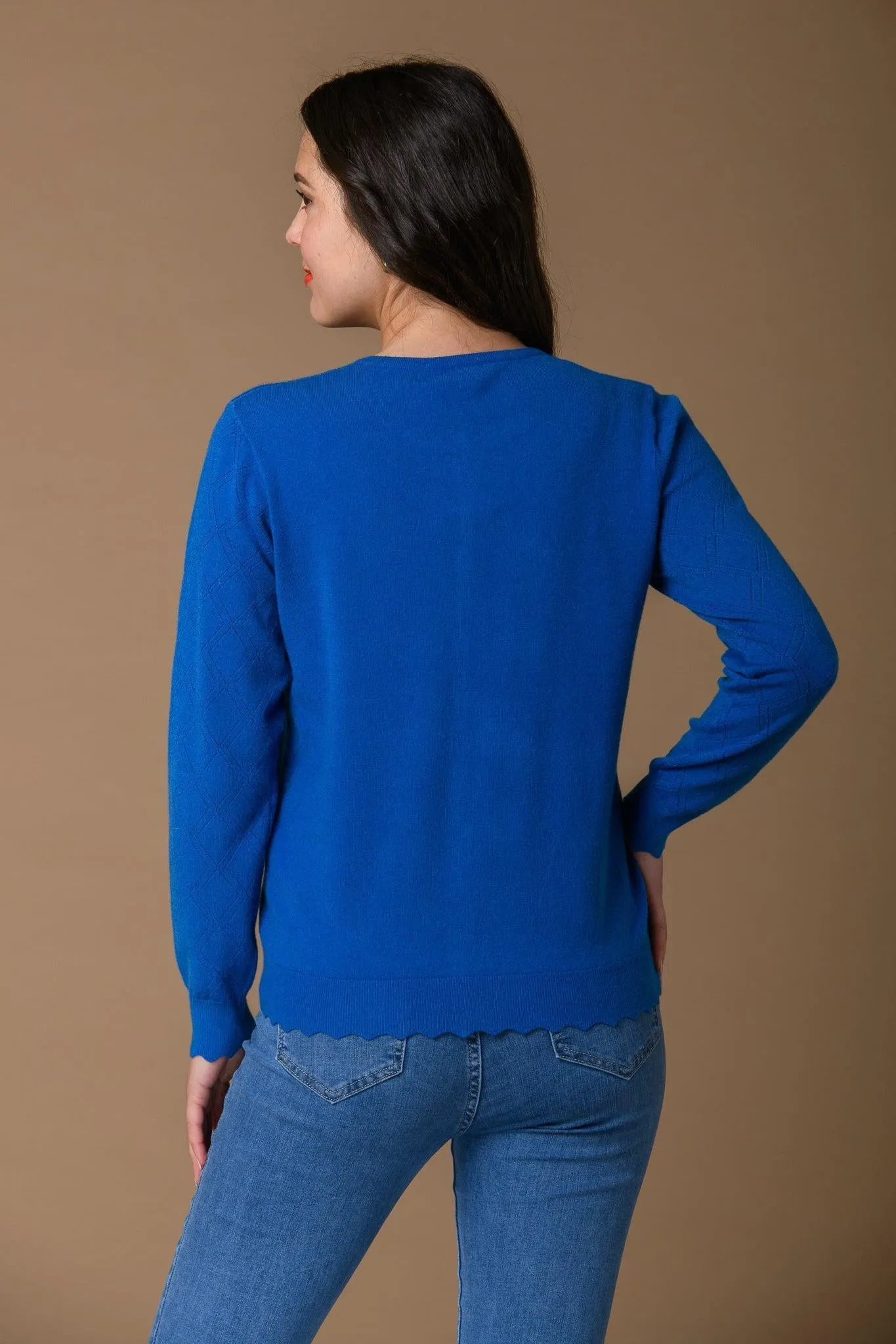 Pointelle Scallop Hem Cardi- Blue
