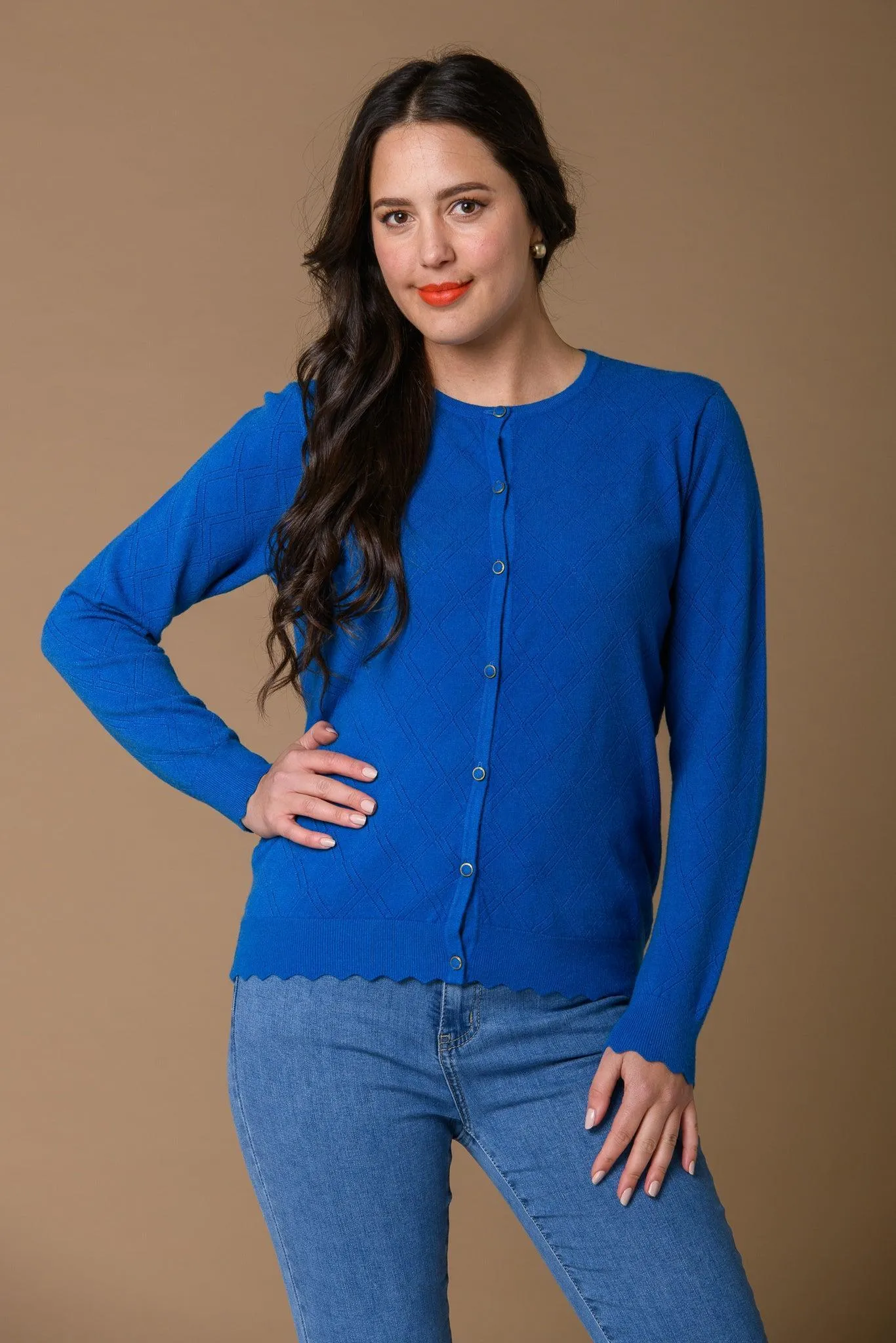 Pointelle Scallop Hem Cardi- Blue
