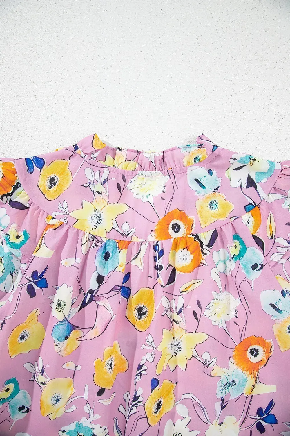 Printed Notched Double Layered Ruffle Sleeve Blouse for Women