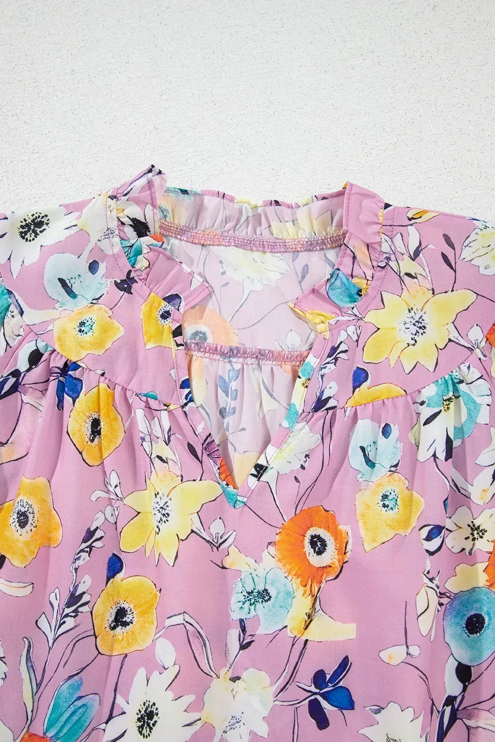 Printed Notched Double Layered Ruffle Sleeve Blouse for Women