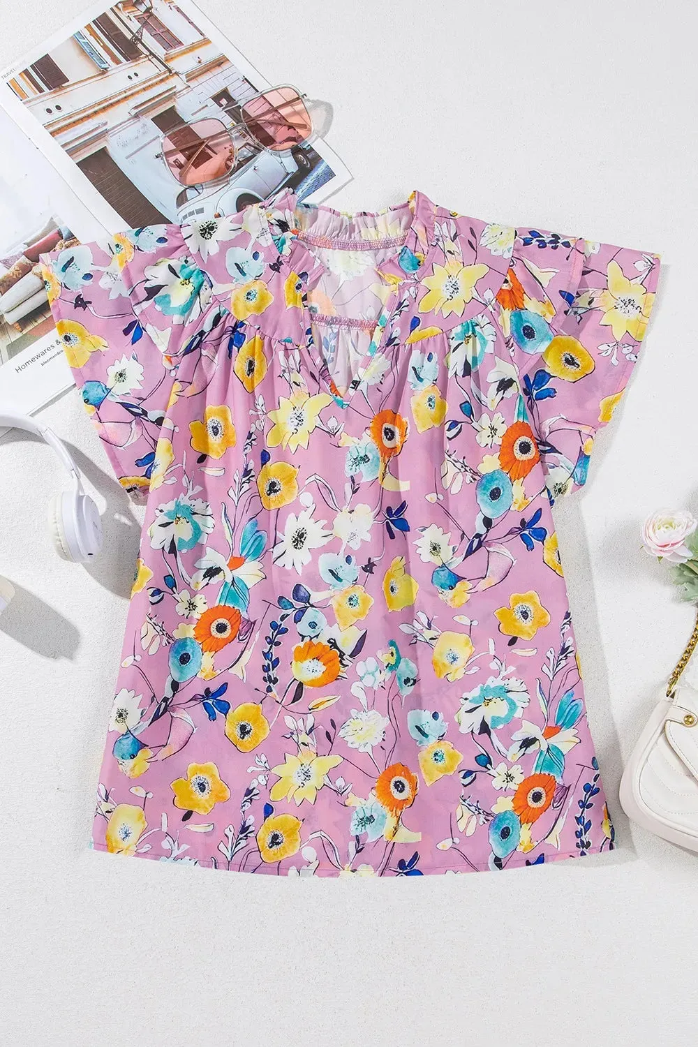 Printed Notched Double Layered Ruffle Sleeve Blouse for Women