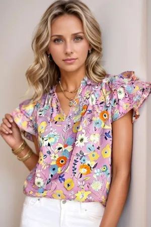 Printed Notched Double Layered Ruffle Sleeve Blouse for Women