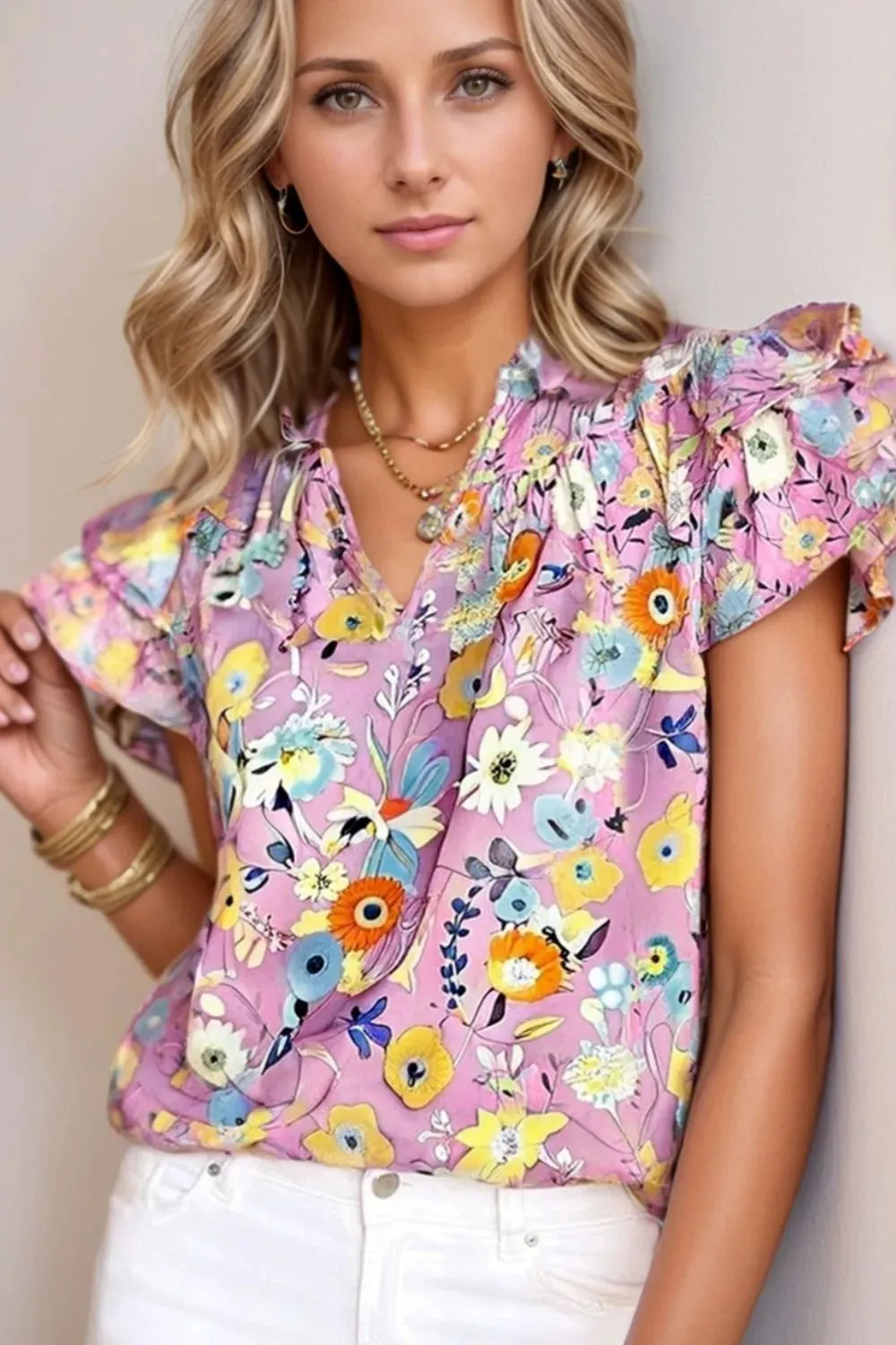 Printed Notched Double Layered Ruffle Sleeve Blouse for Women