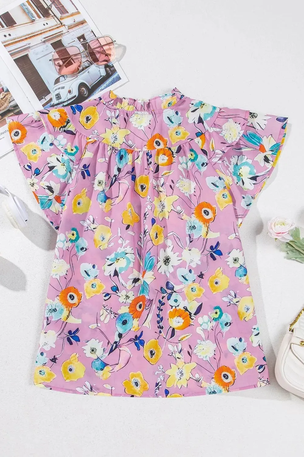 Printed Notched Double Layered Ruffle Sleeve Blouse for Women
