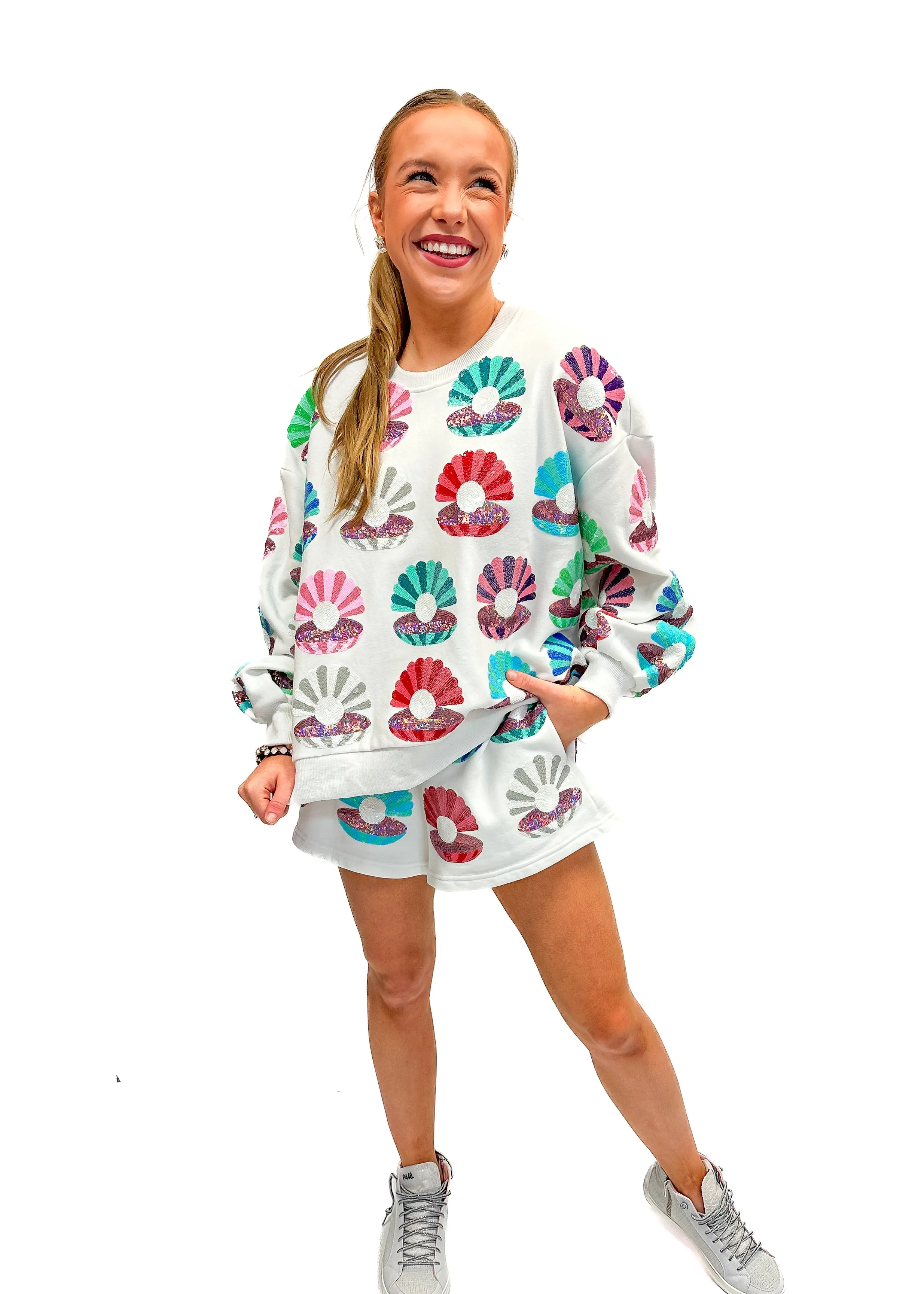 Queen of Sparkles White Clam Shell Multi Shorts