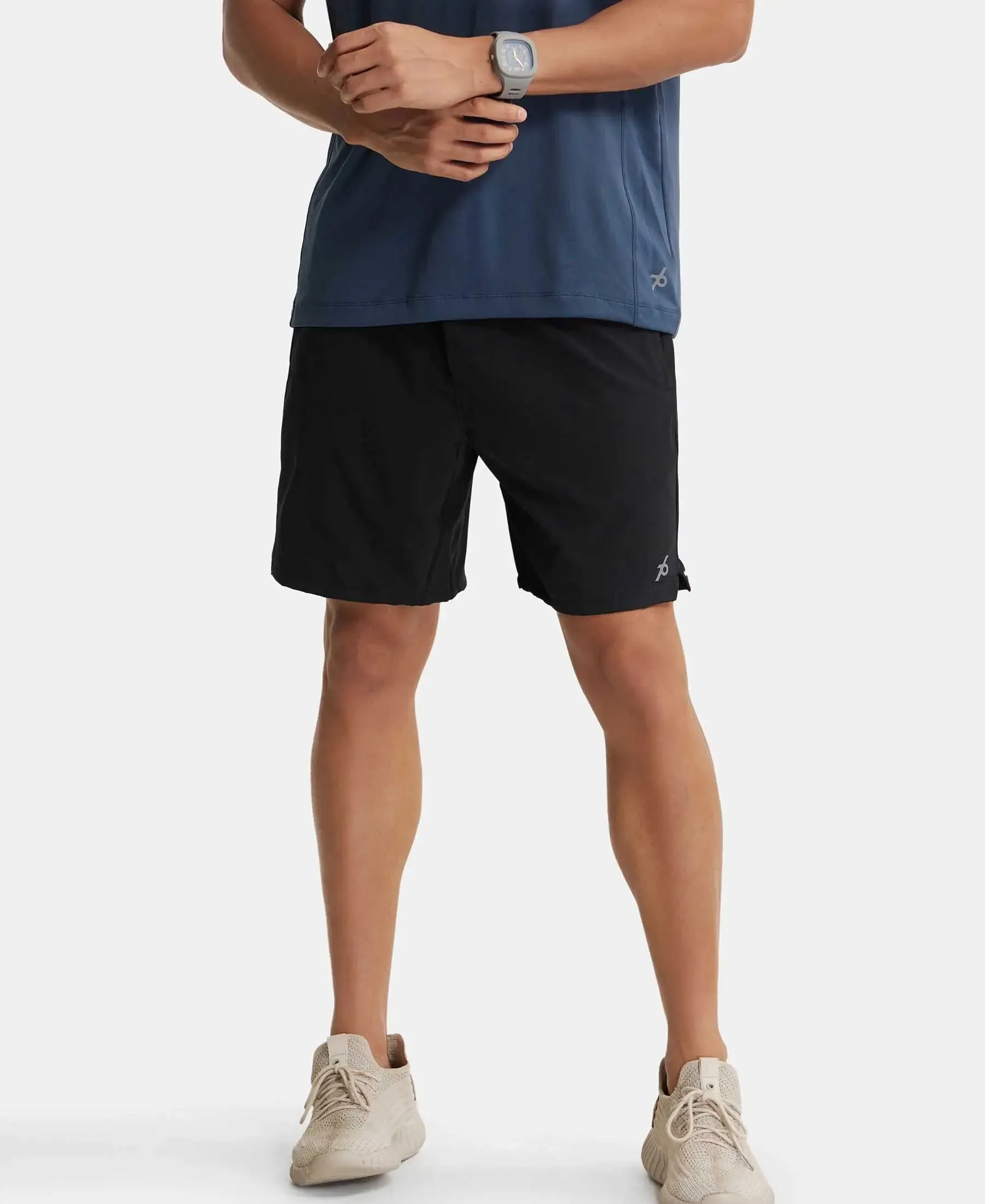 Recycled Microfiber Elastane Stretch Solid Shorts with Zipper Pockets and StayFresh Treatment - Black