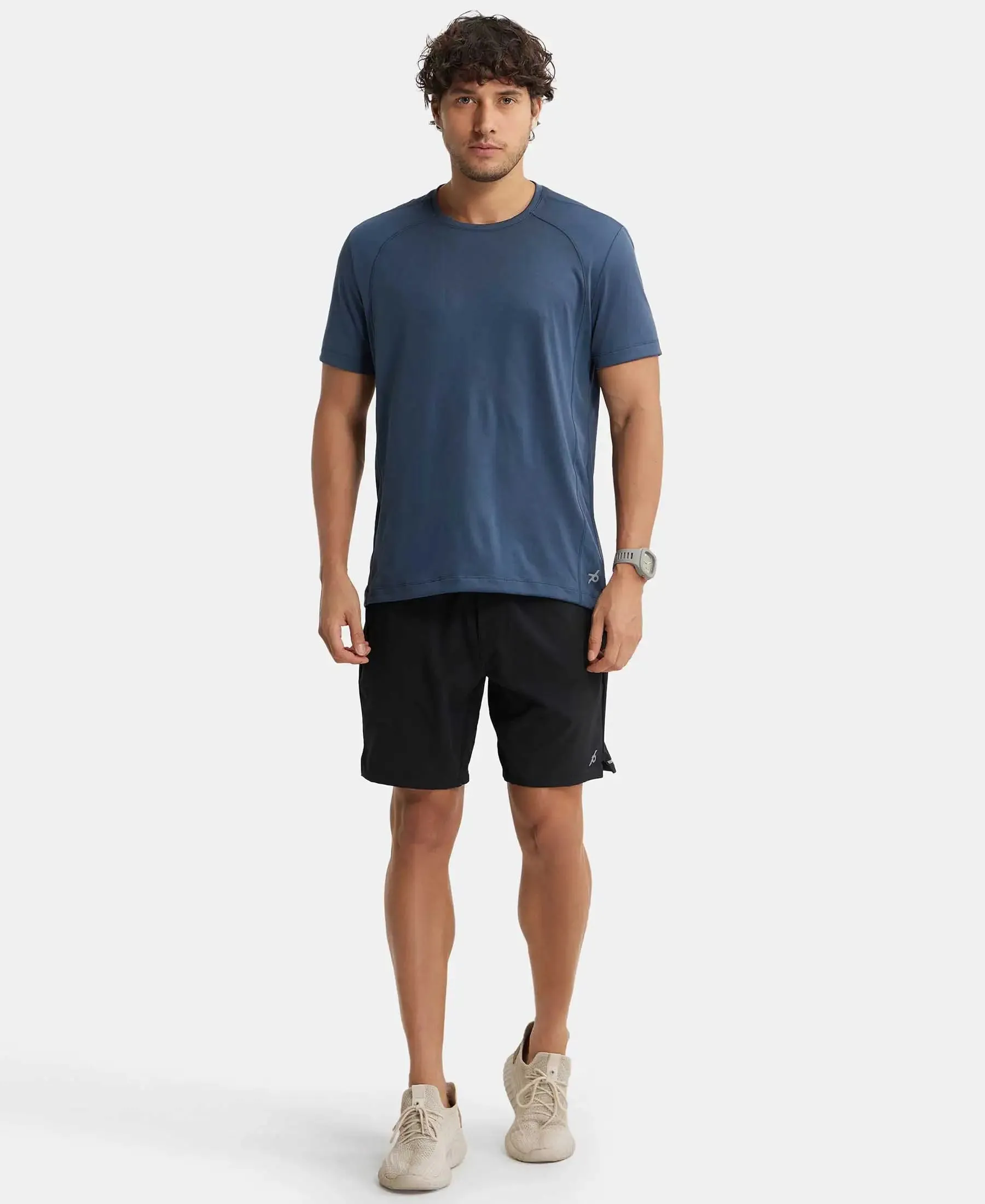 Recycled Microfiber Elastane Stretch Solid Shorts with Zipper Pockets and StayFresh Treatment - Black