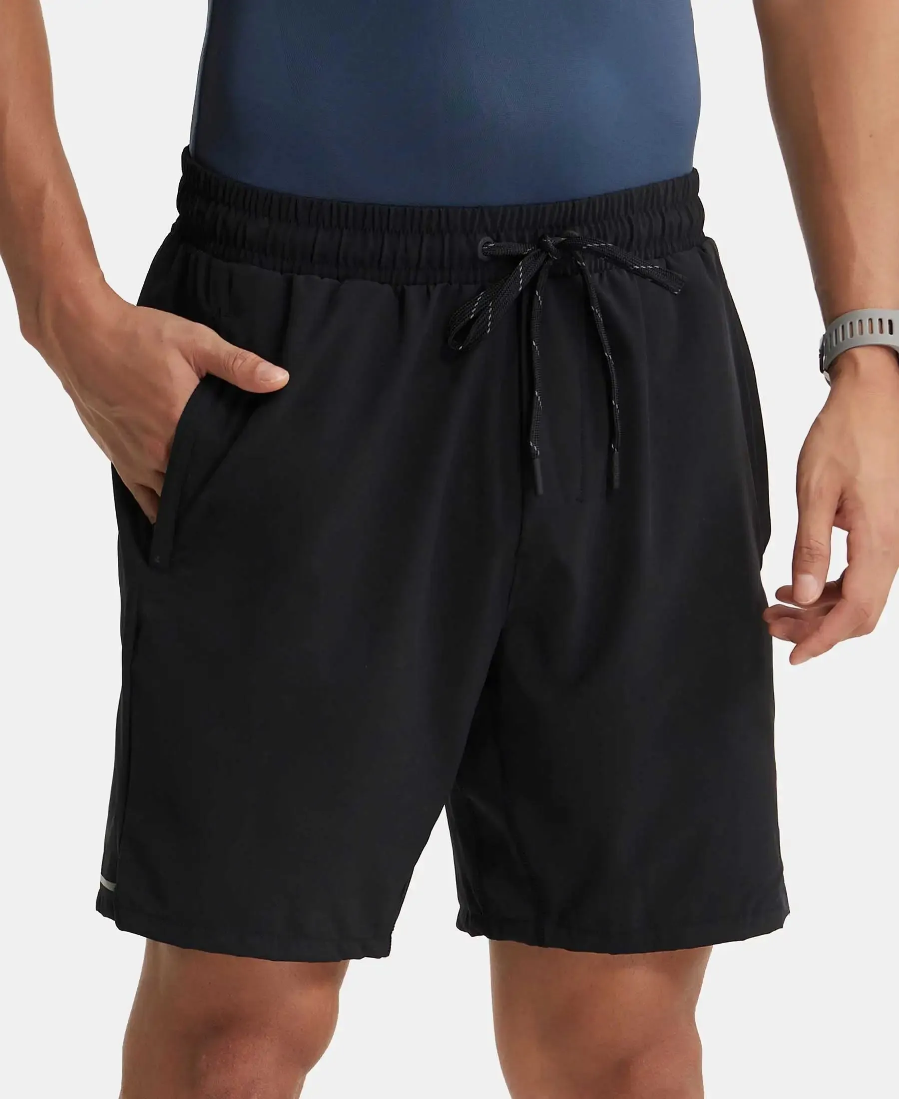 Recycled Microfiber Elastane Stretch Solid Shorts with Zipper Pockets and StayFresh Treatment - Black