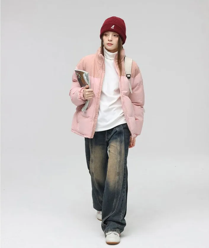 Relaxed-Fit Patchwork Puffer Jacket with Stand-Up Collar