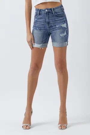 RISEN Full Size Distressed Rolled Denim Shorts with Pockets
