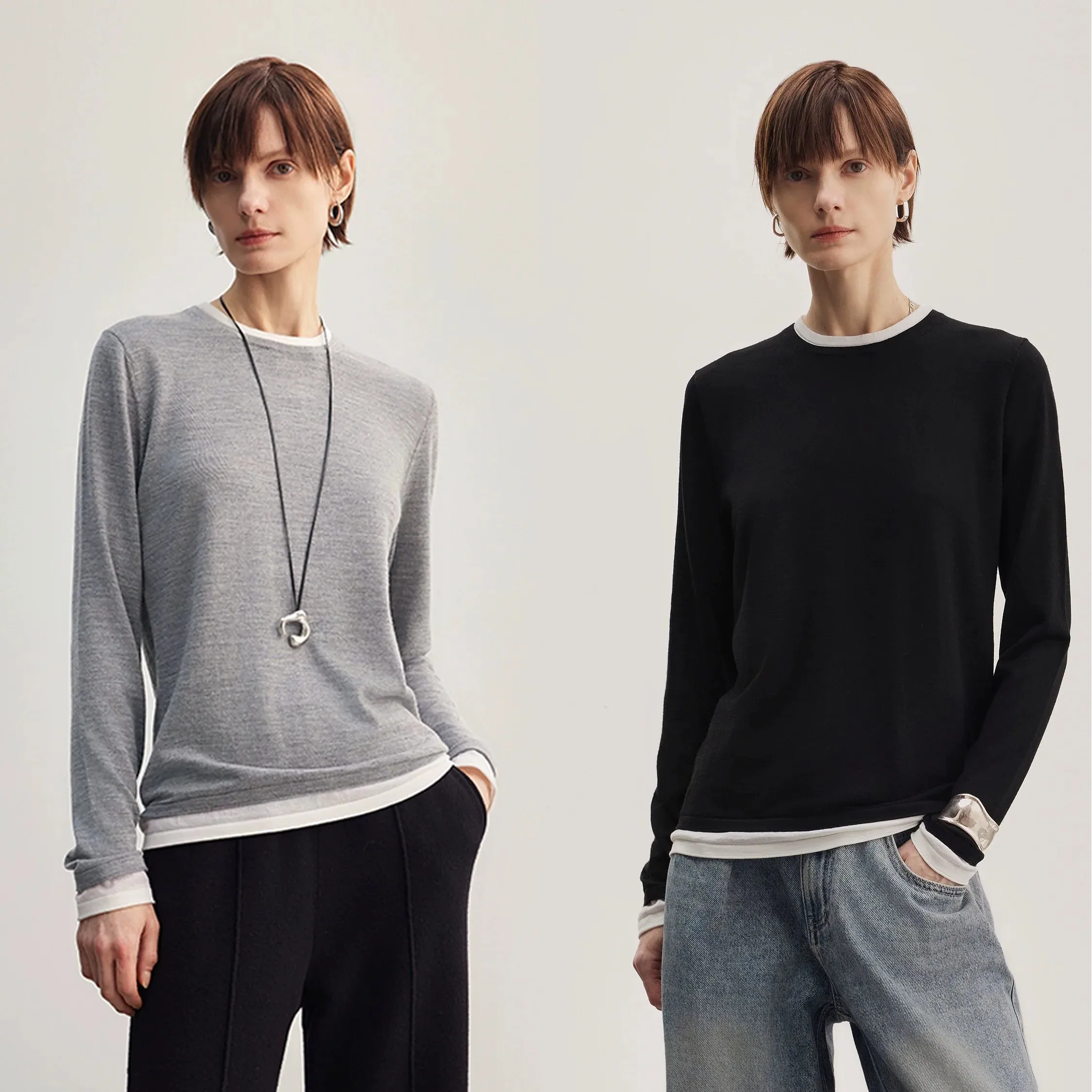 Round Neck Two-Tone Long-Sleeve Sweater