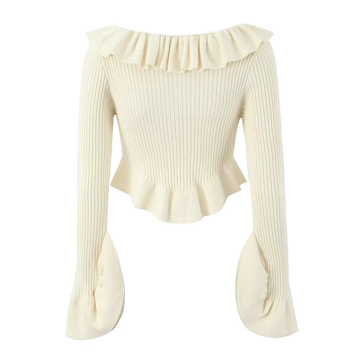 Ruffle Trim Ribbed Buttoned Sweater