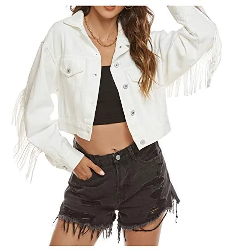 SCOFEEL Fringed Crop Denim Jean Jacket