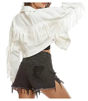 SCOFEEL Fringed Crop Denim Jean Jacket