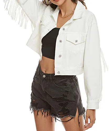 SCOFEEL Fringed Crop Denim Jean Jacket
