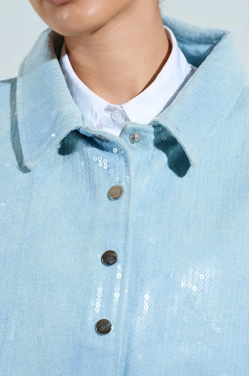 SEQUIN OVERLAY DENIM BOMBER