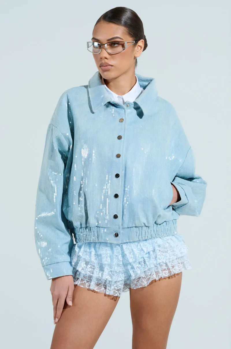 SEQUIN OVERLAY DENIM BOMBER