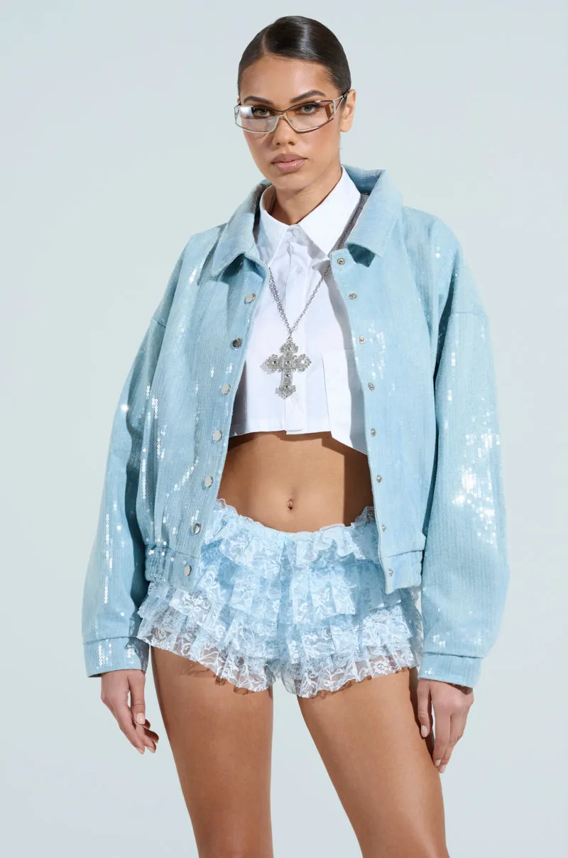 SEQUIN OVERLAY DENIM BOMBER