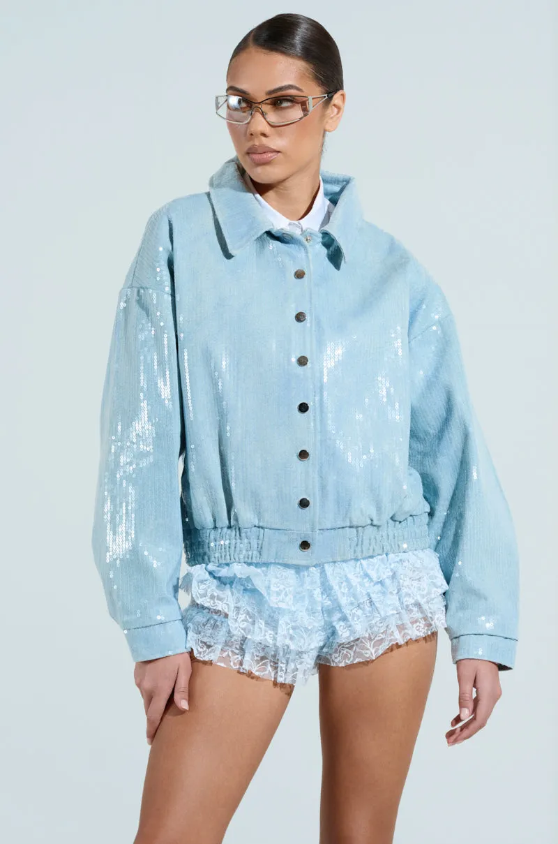 SEQUIN OVERLAY DENIM BOMBER