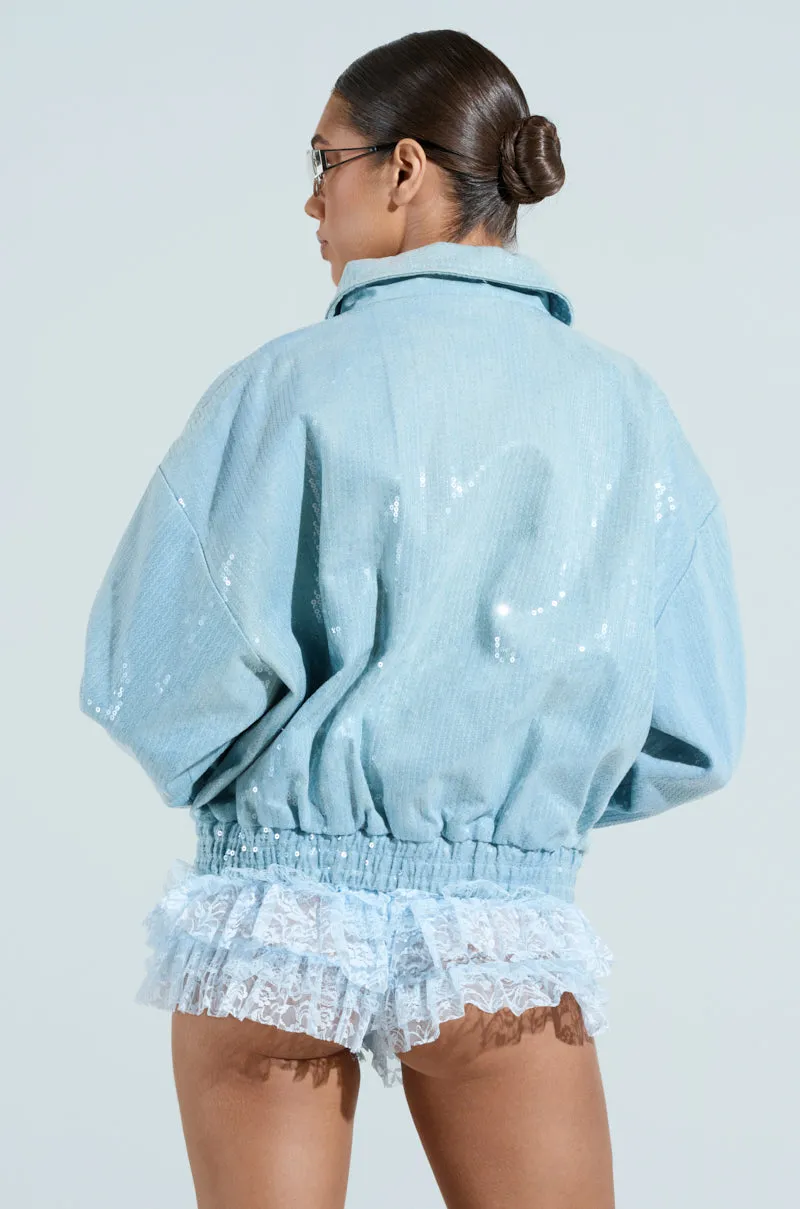 SEQUIN OVERLAY DENIM BOMBER