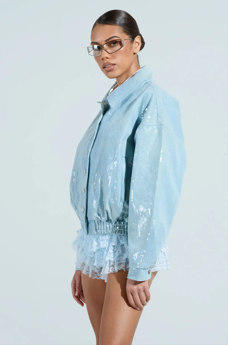 SEQUIN OVERLAY DENIM BOMBER
