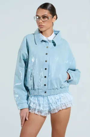 SEQUIN OVERLAY DENIM BOMBER