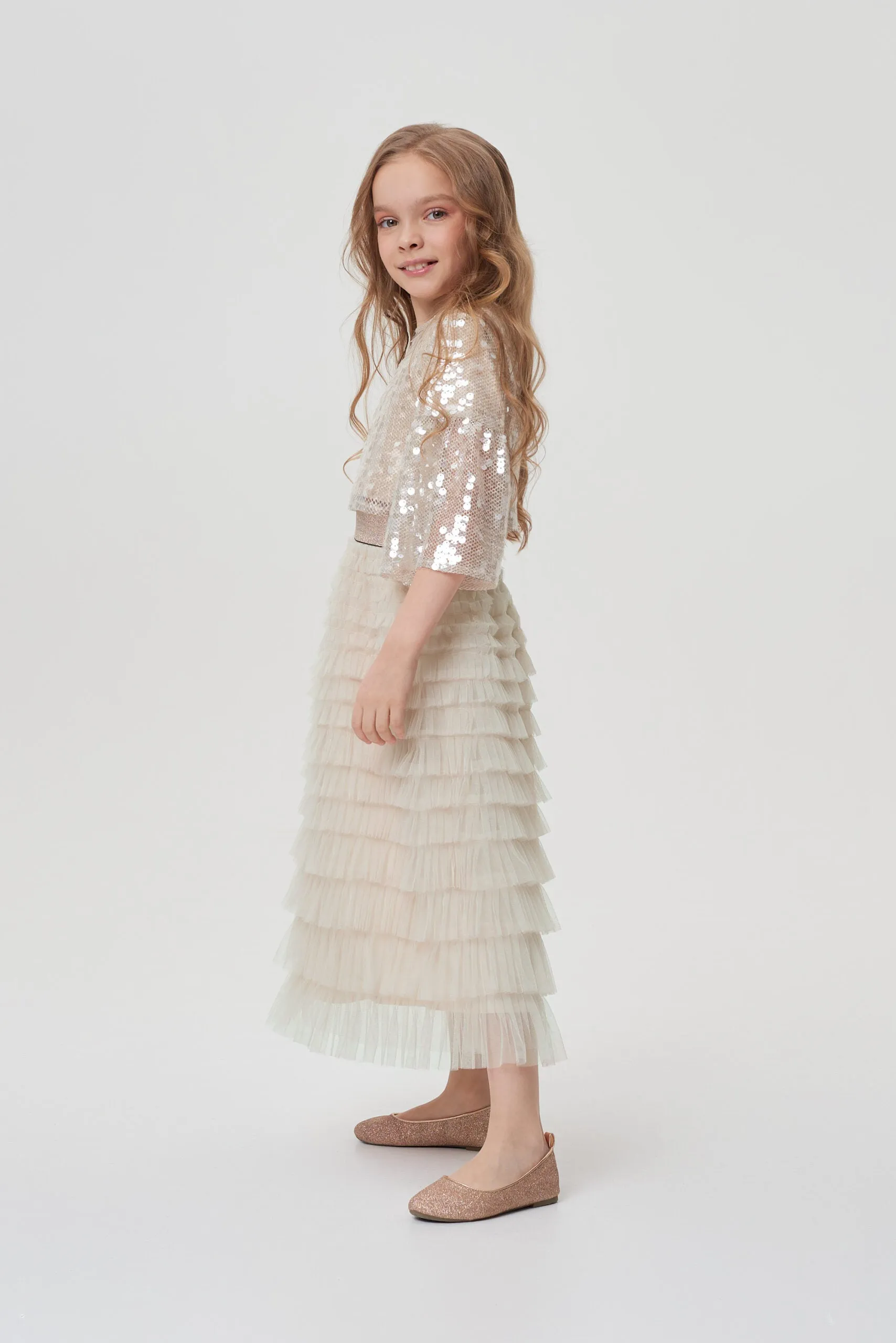 Sequins Top and Tulle Layered Skirt Set