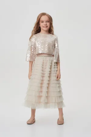Sequins Top and Tulle Layered Skirt Set