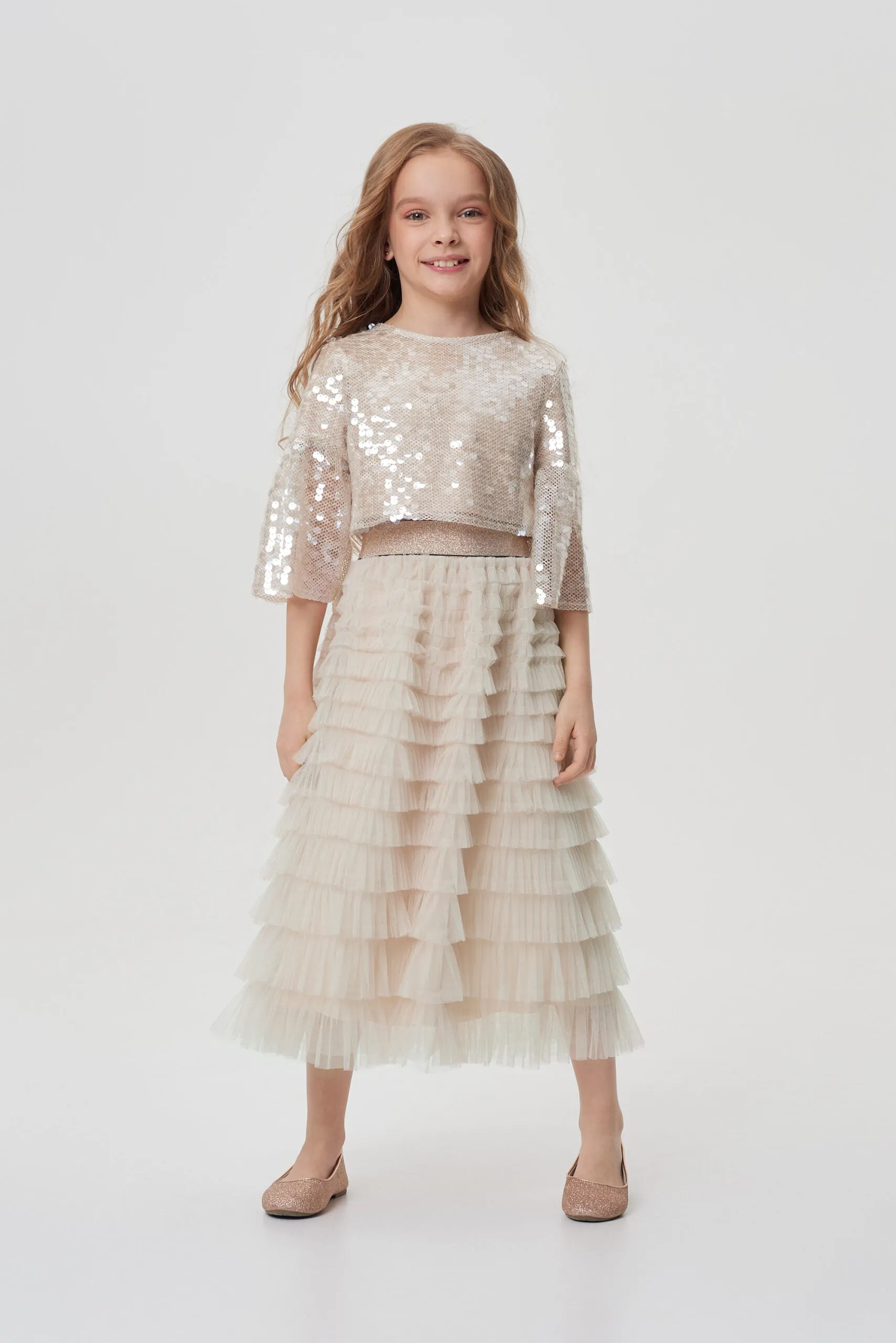 Sequins Top and Tulle Layered Skirt Set