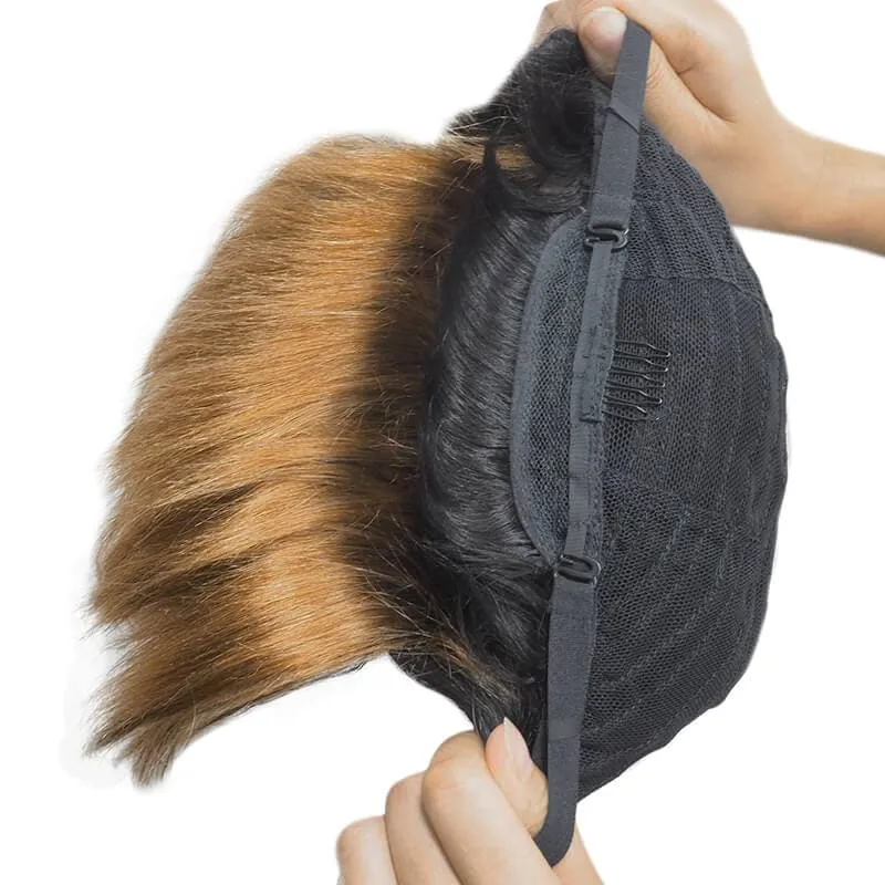 Short Pixie Cut Human Hair Wigs With Layered Side Bangs Glueless Natural Black Ombre Dark Blonde