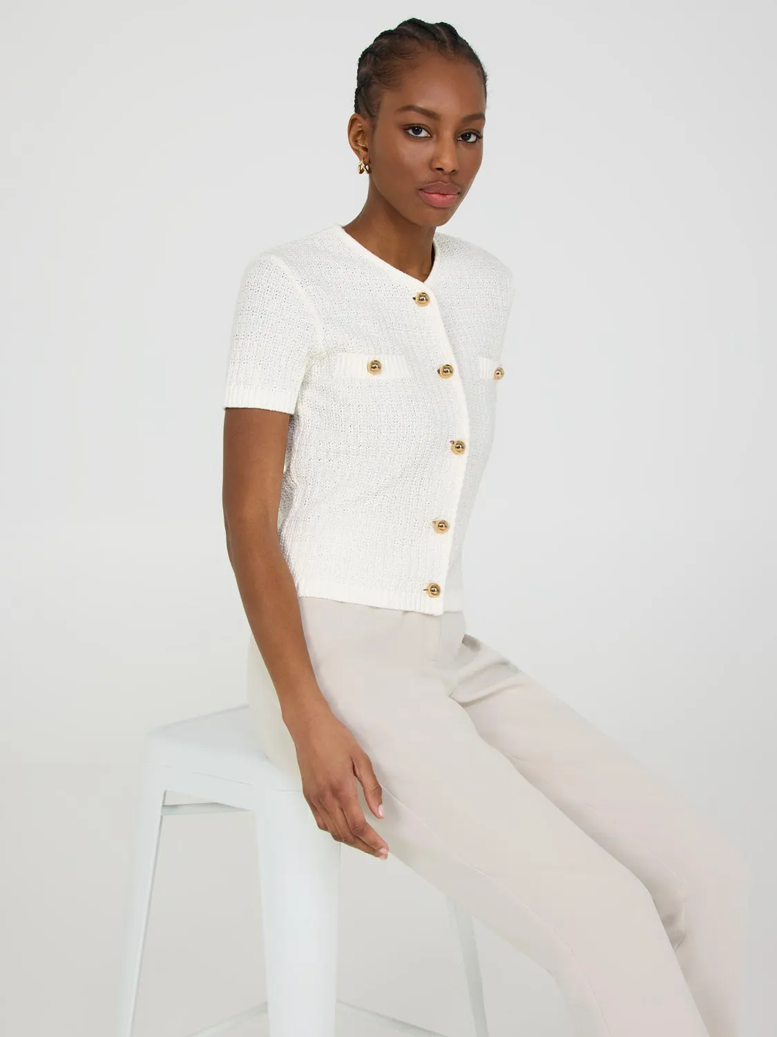 Short Sleeve Button-Front Sweater