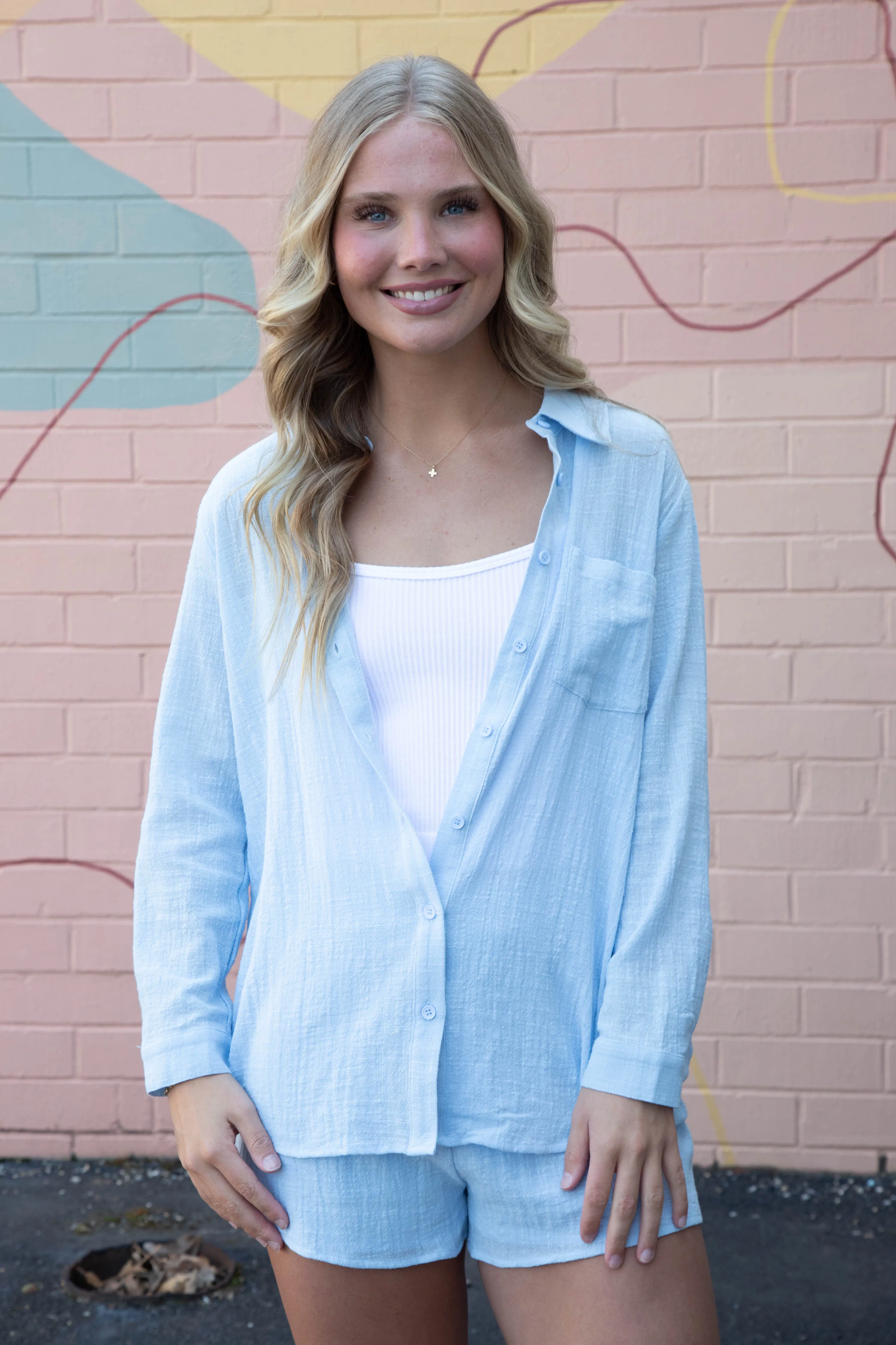 So Cal Elastic Waist Shorts, Powder Blue | Sadie & Sage