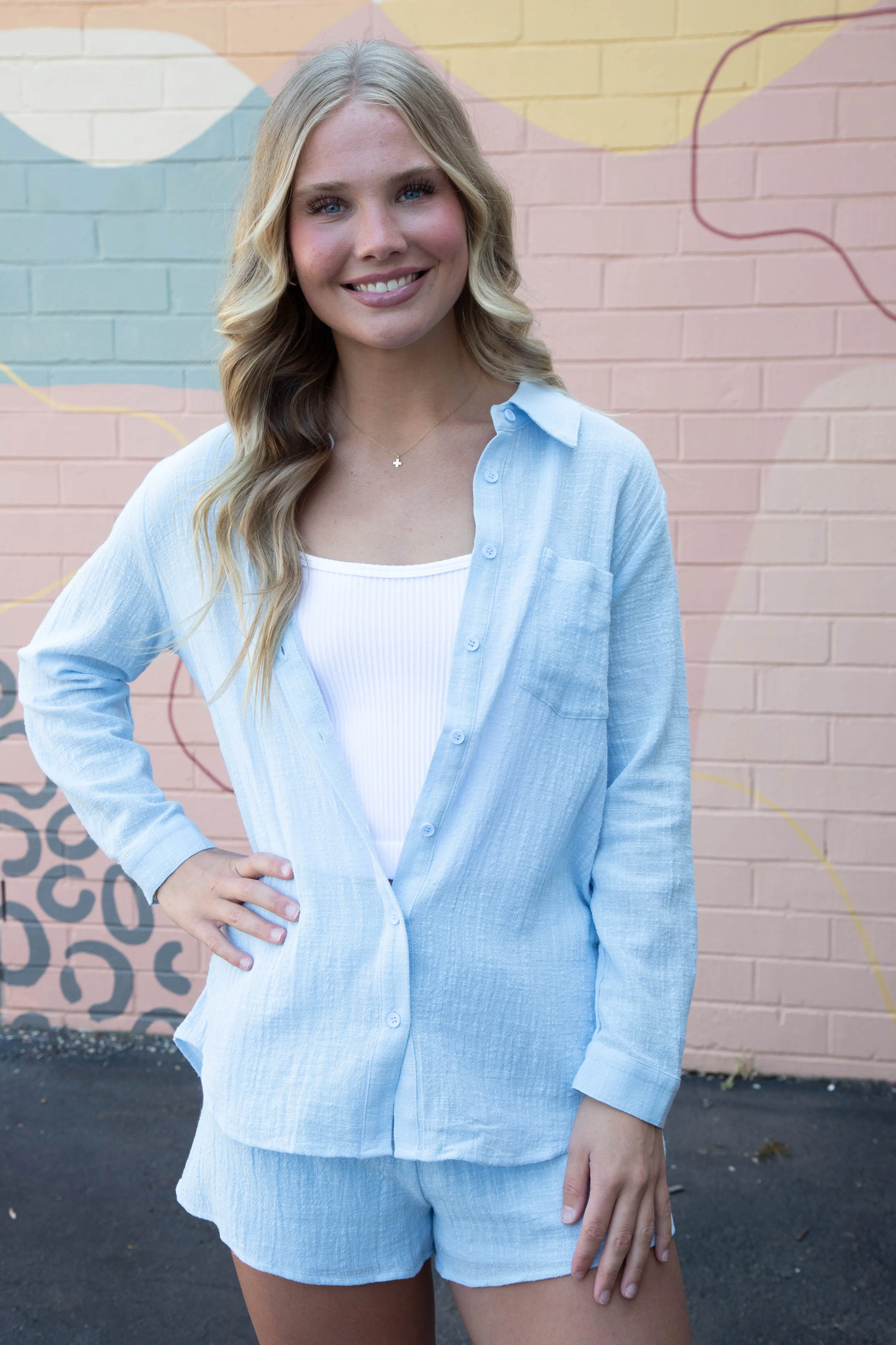 So Cal Elastic Waist Shorts, Powder Blue | Sadie & Sage