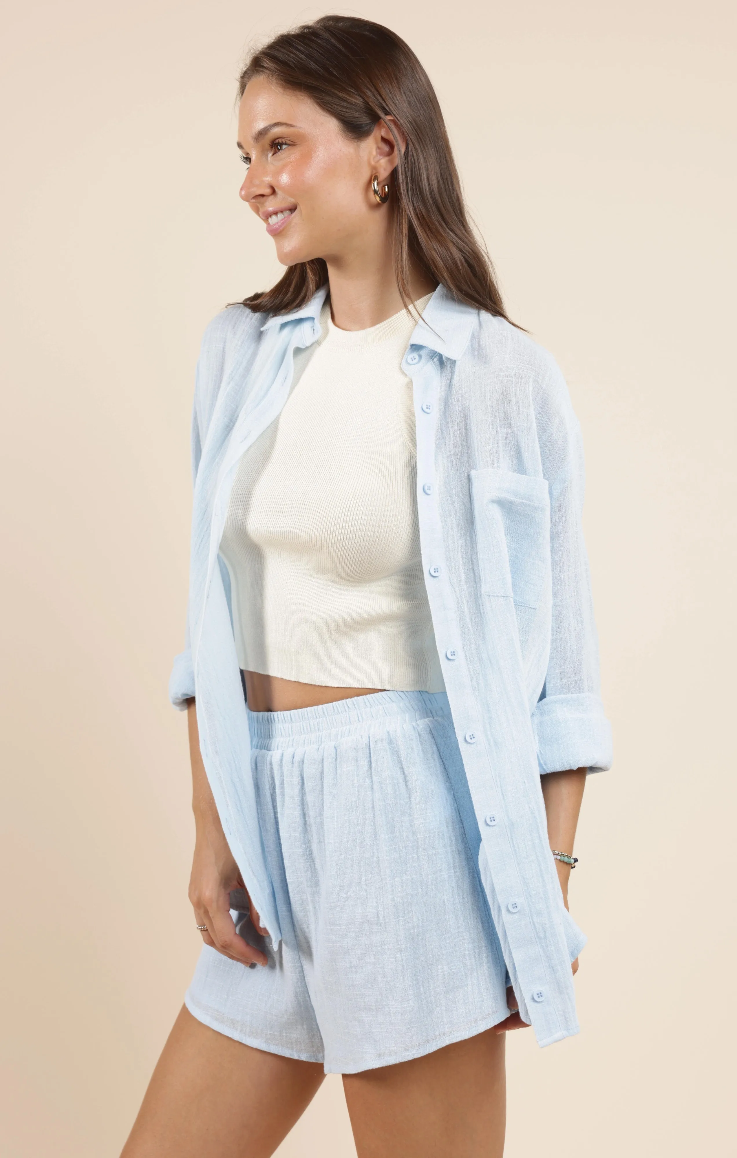 So Cal Elastic Waist Shorts, Powder Blue | Sadie & Sage