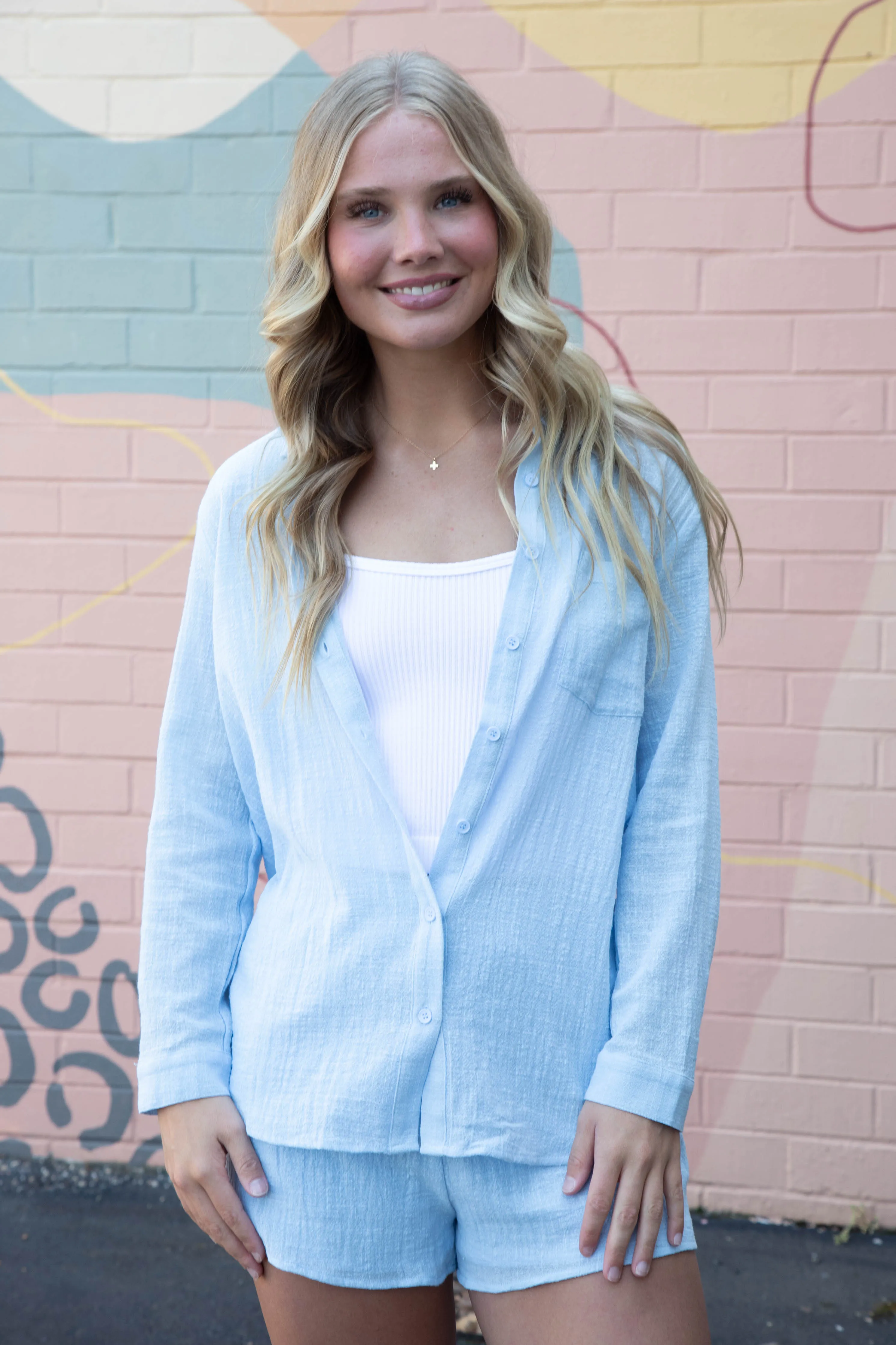 So Cal Elastic Waist Shorts, Powder Blue | Sadie & Sage